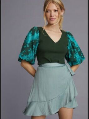 Anthropologie DOLAN Lace Puff-Sleeve Emerald Green Cotton Shirt Blouse Top XS